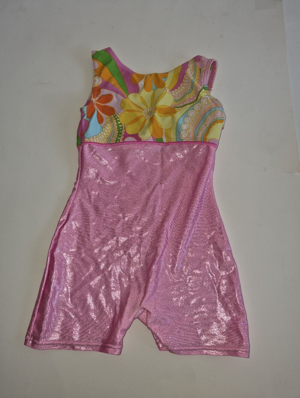 Girls' Pink Shimmer One-Piece Gymnastic  shorts with Floral Print MONDOR 6x-7
